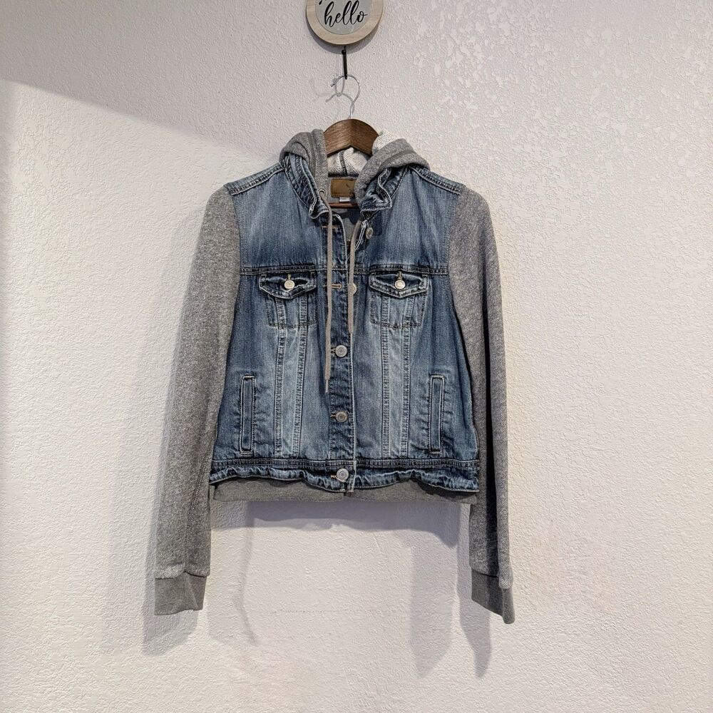 American Eagle Lightwash Hooded Sweater Denim Jean Jacket Size Large Boho
